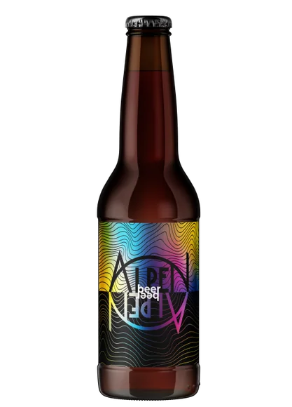 Garrafa de cerveja artesanal com rótulo psicodélico do Alpen Bar